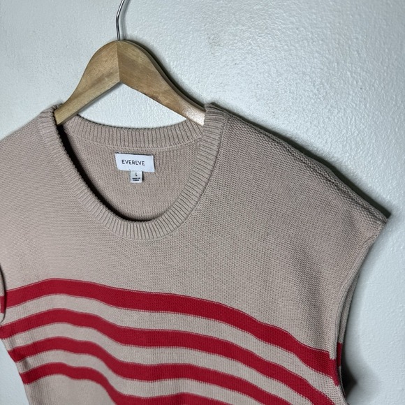 Evereve Jane Pullover Beige Red Cotton Knit Boxy Sweater Top Women's Large Beach - Picture 2 of 9